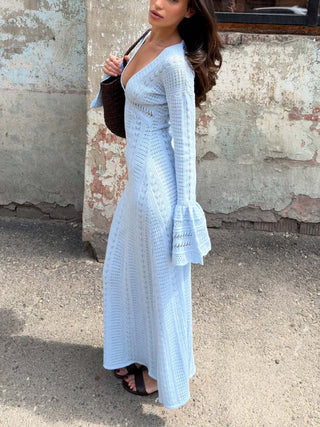Deep V Neck Flare Sleeve Hollow Knit Floor‑Length Maxi Dress