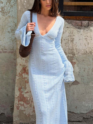 Deep V Neck Flare Sleeve Hollow Knit Floor‑Length Maxi Dress