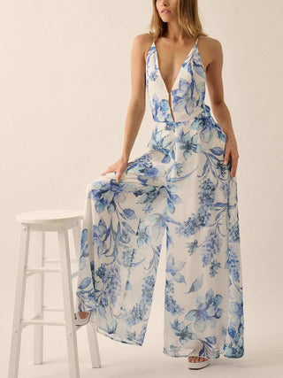 Deep V Halter Floral Print Wide Leg Jumpsuit