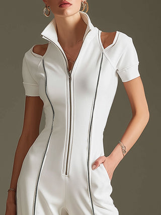Sporty Striped Shoulder Cutout Jumpsuit