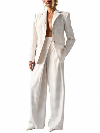 Structured Pinstripe Blazer Wide Leg Pants Two Piece Suit Set