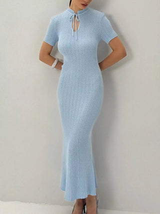 Tie Keyhole-Neck Short Sleeve Knit Mermaid Maxi Dress
