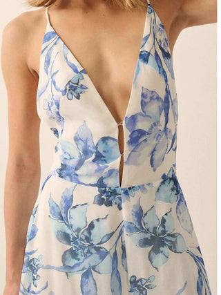 Deep V Halter Floral Print Wide Leg Jumpsuit