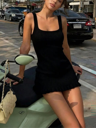 Square Neck Sleeveless Ruffle Hem Ribbed Knit Mini Dress
