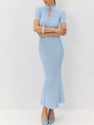 Tie Keyhole-Neck Short Sleeve Knit Mermaid Maxi Dress