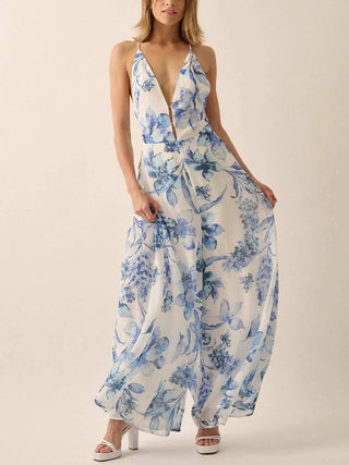 Deep V Halter Floral Print Wide Leg Jumpsuit