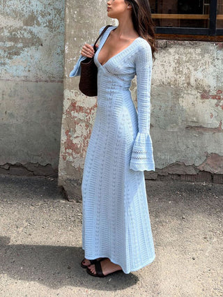 Deep V Neck Flare Sleeve Hollow Knit Floor‑Length Maxi Dress