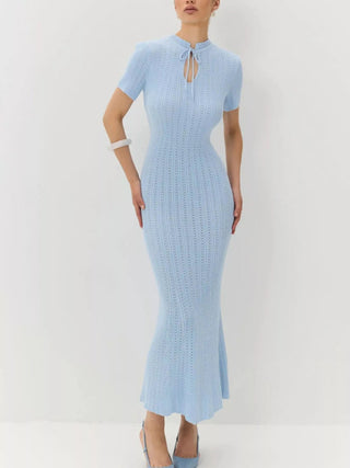 Tie Keyhole-Neck Short Sleeve Knit Mermaid Maxi Dress