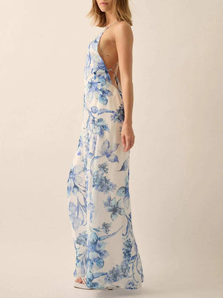 Deep V Halter Floral Print Wide Leg Jumpsuit