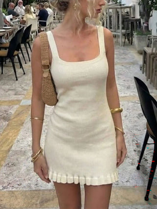 Square Neck Sleeveless Ruffle Hem Ribbed Knit Mini Dress
