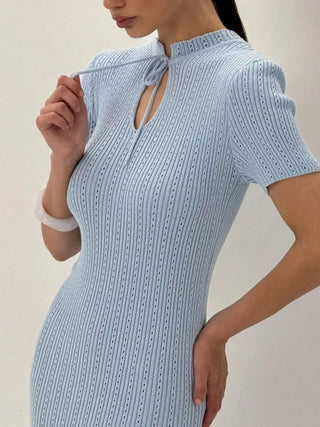 Tie Keyhole-Neck Short Sleeve Knit Mermaid Maxi Dress