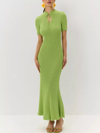 Tie Keyhole-Neck Short Sleeve Knit Mermaid Maxi Dress
