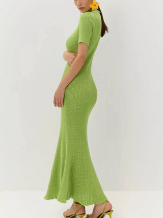 Tie Keyhole-Neck Short Sleeve Knit Mermaid Maxi Dress