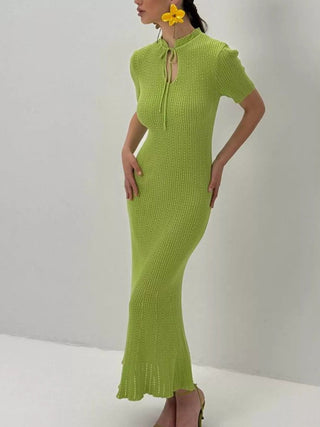 Tie Keyhole-Neck Short Sleeve Knit Mermaid Maxi Dress