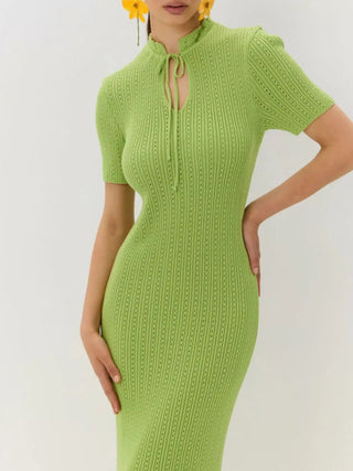 Tie Keyhole-Neck Short Sleeve Knit Mermaid Maxi Dress