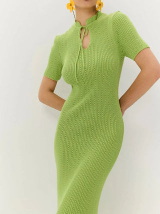 Tie Keyhole-Neck Short Sleeve Knit Mermaid Maxi Dress