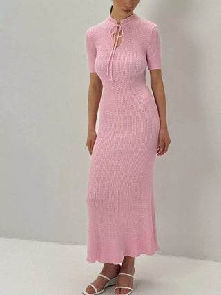 Tie Keyhole-Neck Short Sleeve Knit Mermaid Maxi Dress