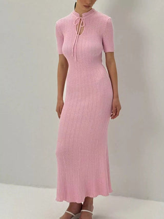 Tie Keyhole-Neck Short Sleeve Knit Mermaid Maxi Dress