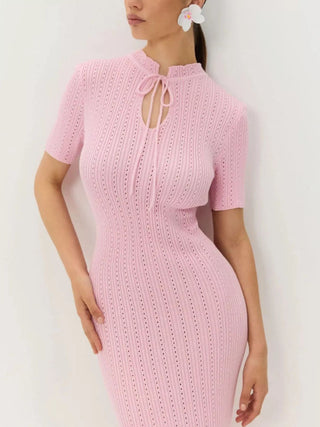Tie Keyhole-Neck Short Sleeve Knit Mermaid Maxi Dress