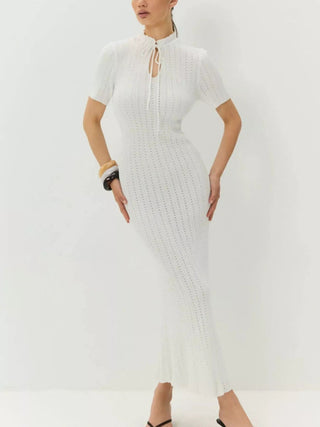 Tie Keyhole-Neck Short Sleeve Knit Mermaid Maxi Dress