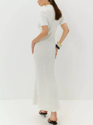 Tie Keyhole-Neck Short Sleeve Knit Mermaid Maxi Dress