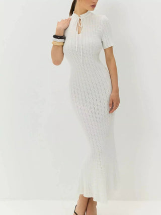 Tie Keyhole-Neck Short Sleeve Knit Mermaid Maxi Dress