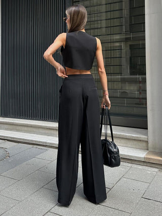 Black V-Neck Crop Top Wide Leg Pants Two Piece Suit